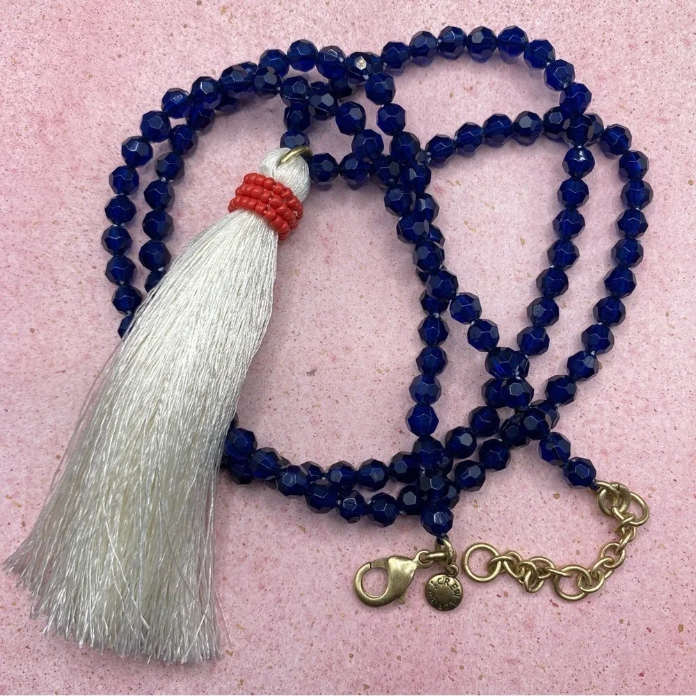 J.CREW Blue Acrylic Beads With White Tassel Pendant